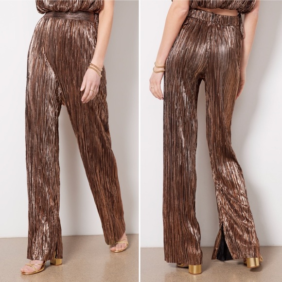 NWOT Sabina Musayev Metallic Bronze Plisse Pleated Wide-Leg York Pants Large - Picture 1 of 6